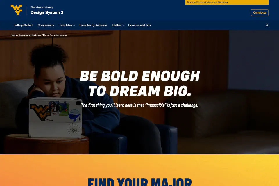 Screenshot of Admissions home page example