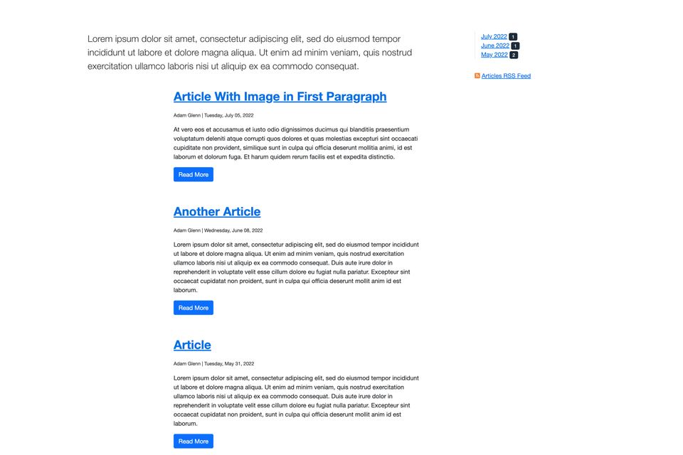 Screenshot of article index with no thumbnails